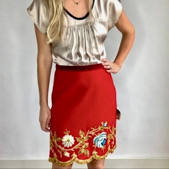 Plenty by TRACY REESE Red Wool Floral Embroidered Appliqued Skirt Size 4 - Picture 5 of 13